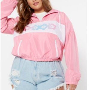 Plus Pink Half Zip Hibiscus Graphic Windbreaker